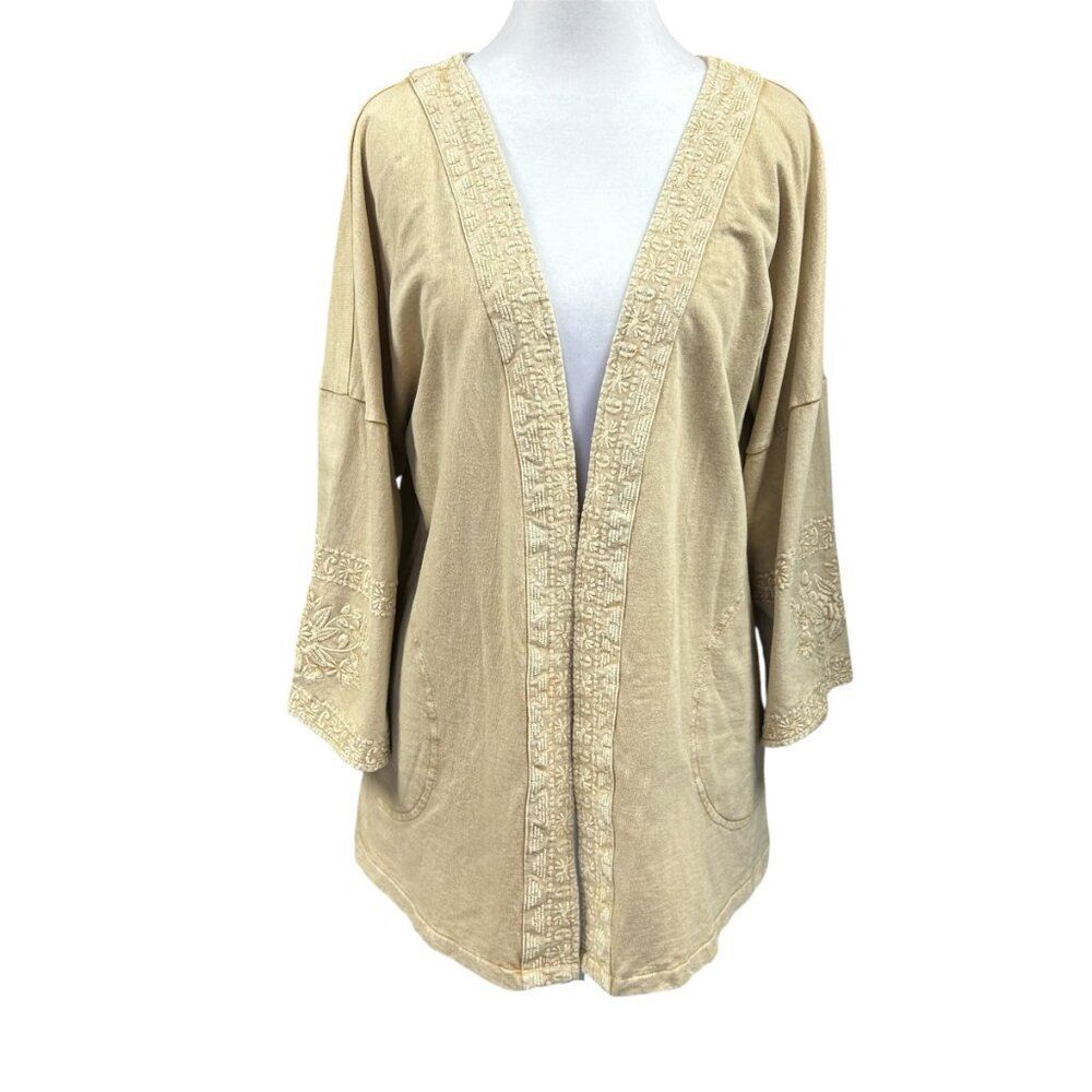 Solitaire Boho Open Front Embroidered Kimono Cardigan Sz S Sand